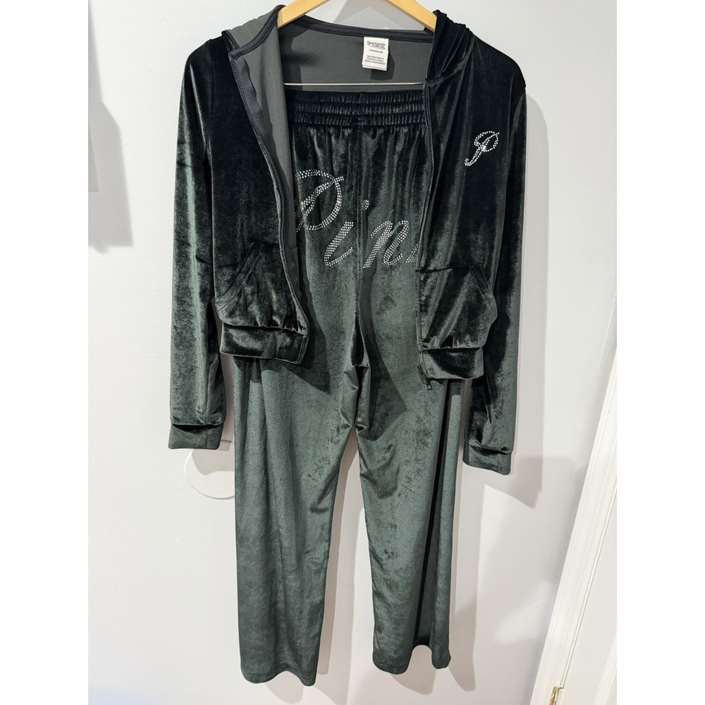 VtG Y2K PINK Victoria's Secret Velour Sweatsuit Set Black Hoodie Sz S Pants Sz M